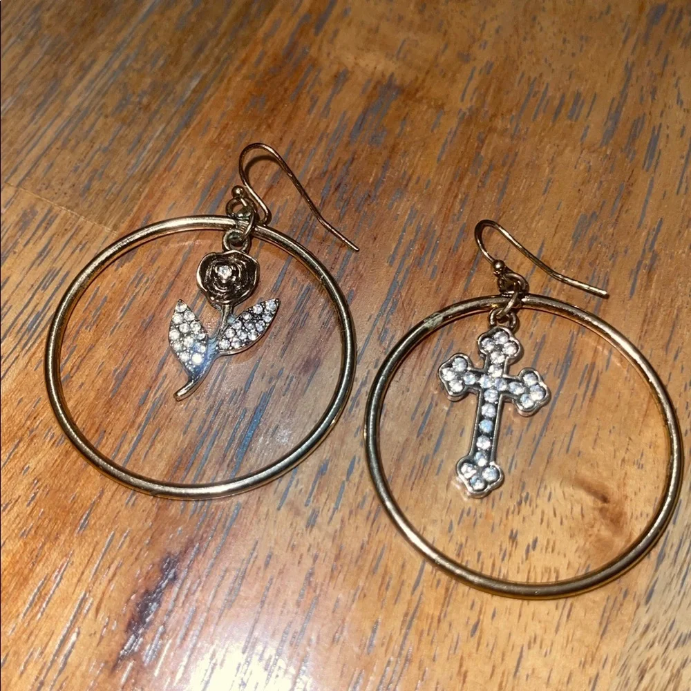 Vintage Gold Hoop Earrings Crystal Rose and Cross Charms Mismatched Jewelry
